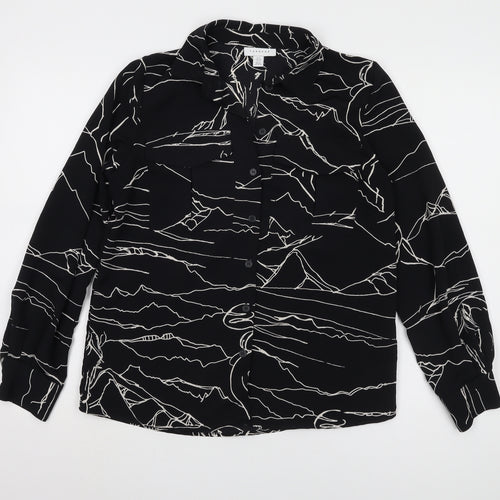 Topshop Women's Black Geometric Button-Up Shirt Size 8
