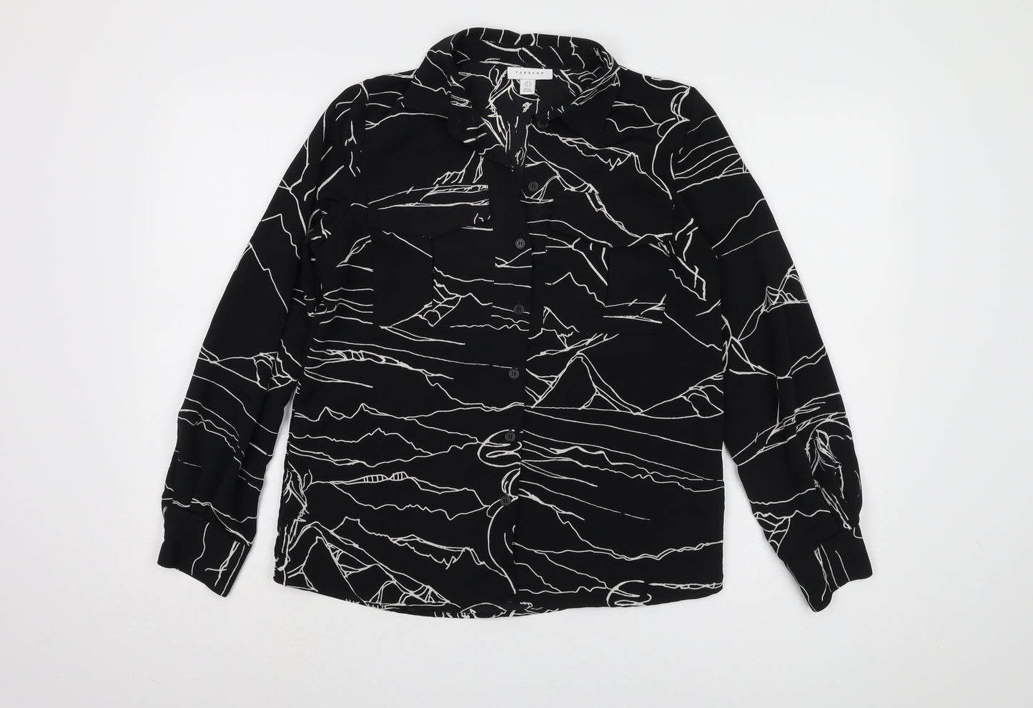 Topshop Women's Black Geometric Button-Up Shirt Size 8