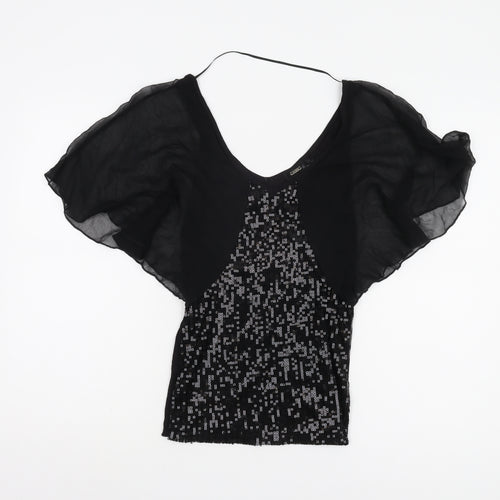 Guess Women's Black Sequin Blouse XS V-Neck Flutter