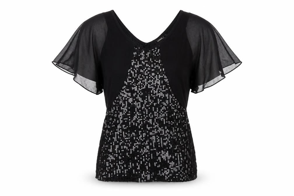 Front view of Guess Women's Black Sequin Blouse XS V-Neck Flutter
