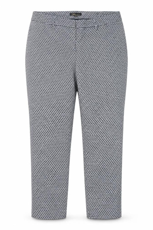 Front view of Dalia Women's Blue Geometric Trousers, size UK 16