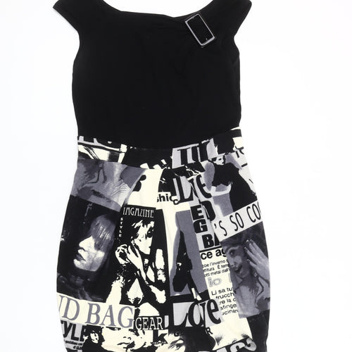 Jane Norman Women's Black Graphic Bodycon Dress Size 16