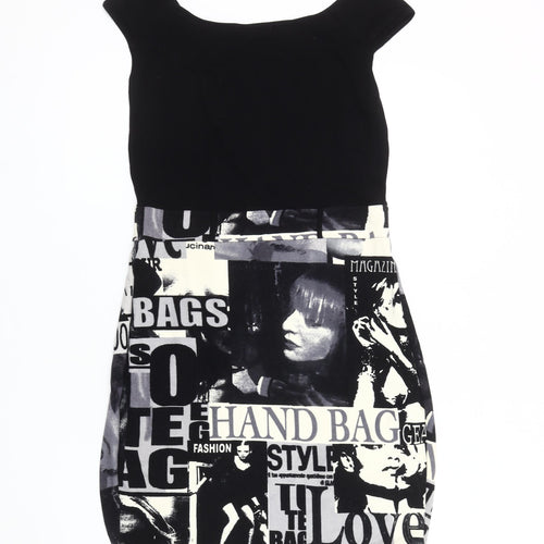 Jane Norman Women's Black Graphic Bodycon Dress Size 16
