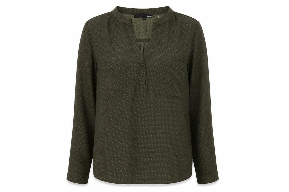 Front view of Etam Women's Green Blouse, size 8, Button V-Neck