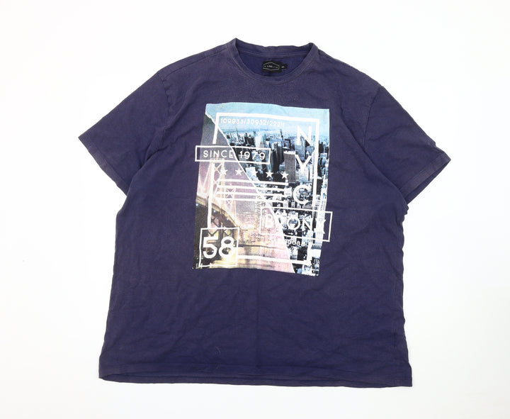 Label-J Men's Blue City Graphic Print T-Shirt 2XL