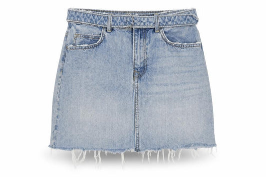 Front view of Zara Women’s Blue Denim Mini Skirt, size UK 8, Casual