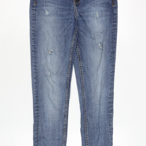 Zara Women's Blue Skinny Jeans - Size 10, Distressed