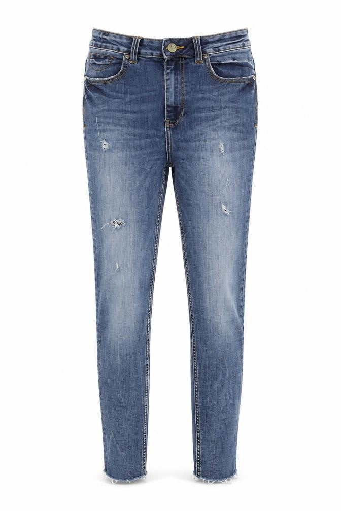 Front view of Zara Women's Blue Skinny Jeans -, size 10, Distressed