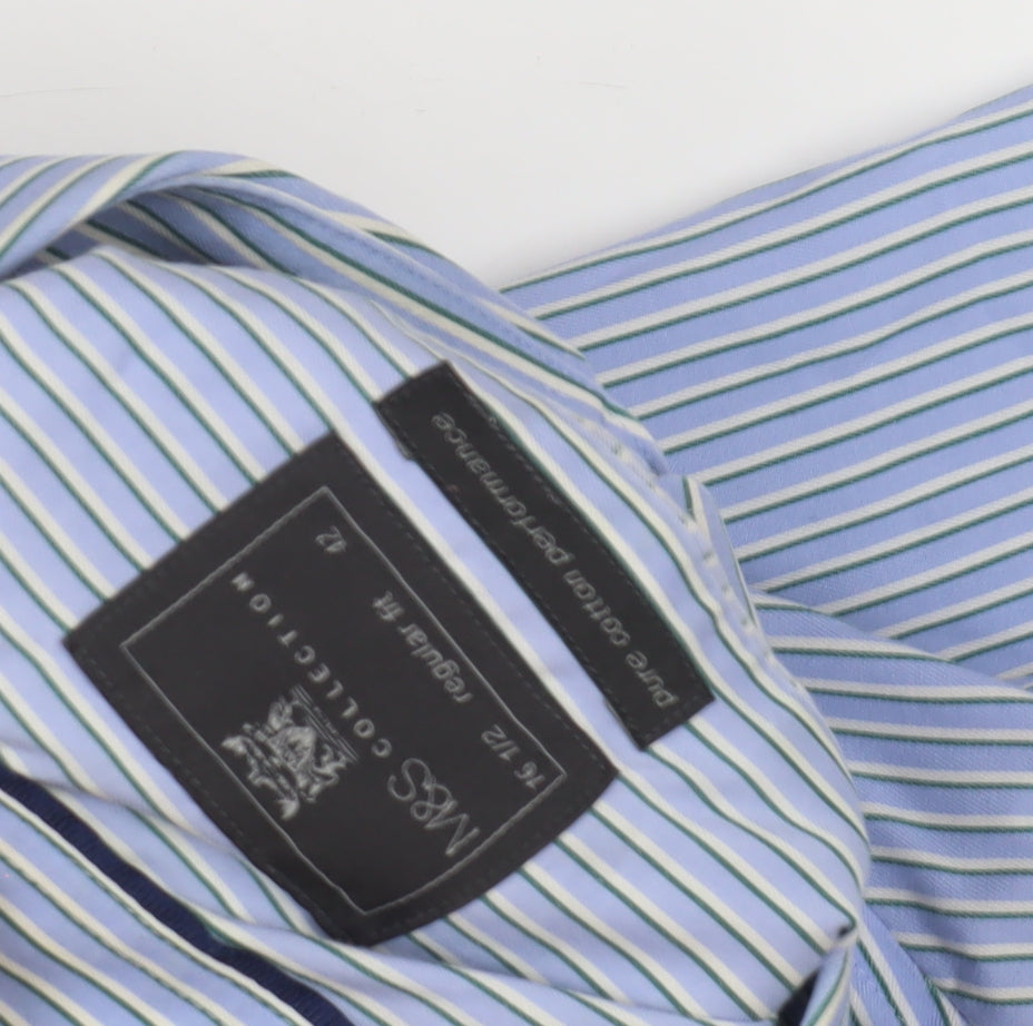 Marks and Spencer Men's Blue Striped Cotton Shirt, 42
