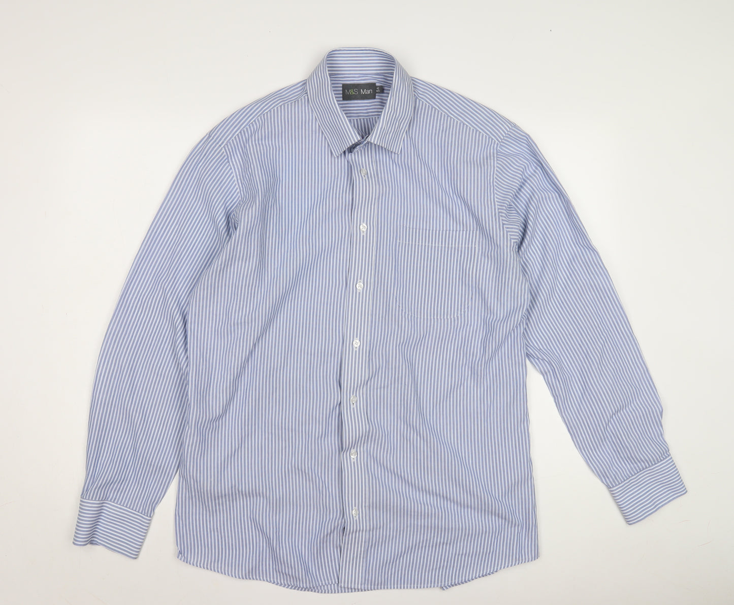 Marks and Spencer Men's Blue Striped Shirt, Size 16.5
