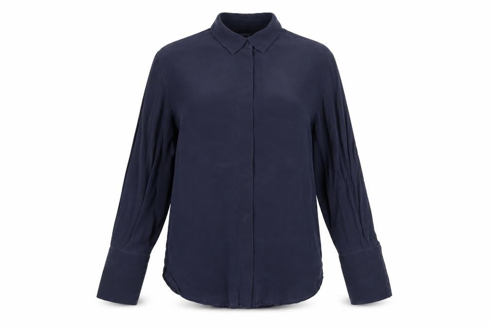 Front view of Robert Ezra Women's Blue Button-Up Long Sleeve Shirt