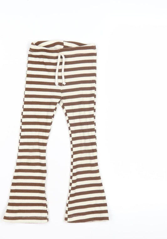Zara Girls Brown Striped Trousers 4 Years Casual Elastic Waist