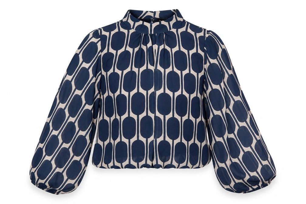 Front view of Blue Vanilla Women's Geometric Blouse, S/M, Collared, New