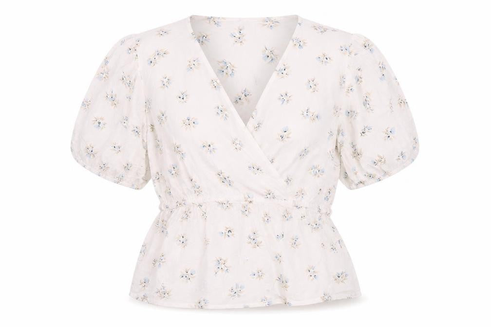 Front view of Kaffe Women's White Floral Wrap Blouse, size 10