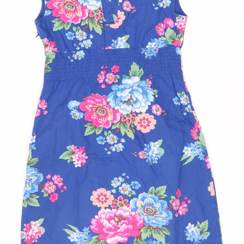 Women's Blue Floral Dress Size 8 Cotton Button Detail