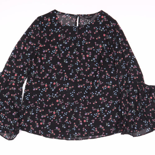 New Look Women's Black Floral Bell Sleeve Blouse Size 2