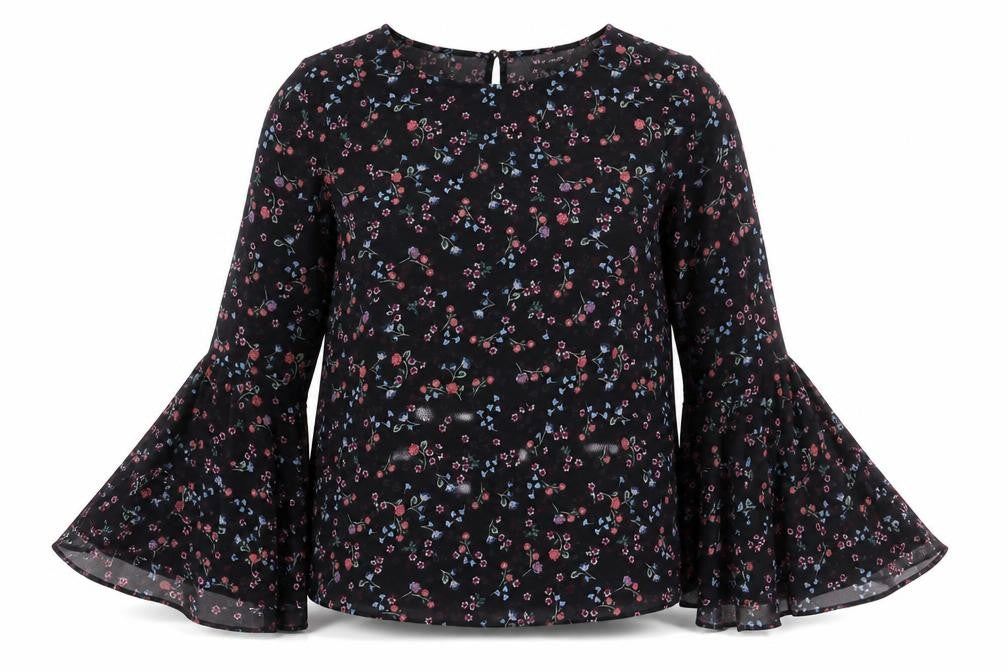 New Look Women's Black Floral Bell Sleeve Blouse Size 2