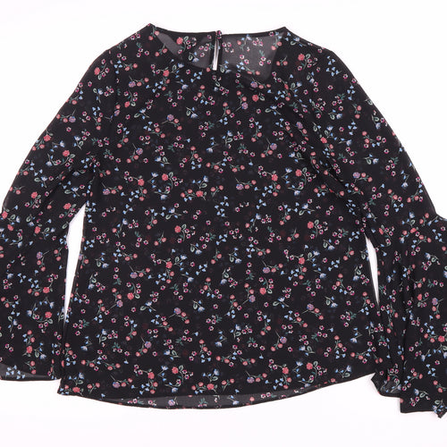 New Look Women's Black Floral Bell Sleeve Blouse Size 2
