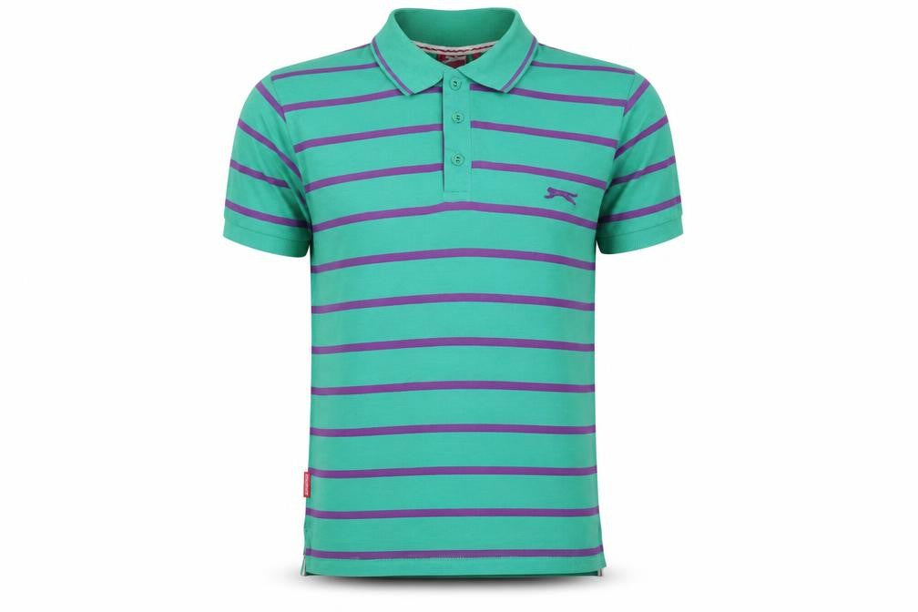 Front view of Slazenger Men's Green Striped Polo Shirt M