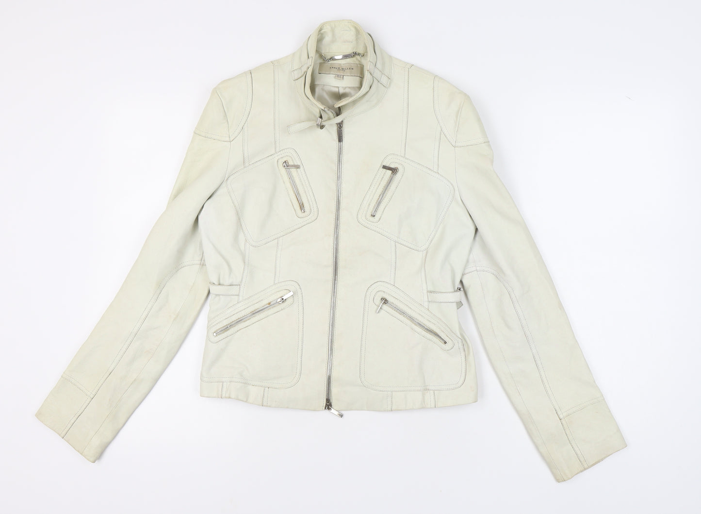Karen Millen Women's White Leather Motorcycle Jacket Size 12