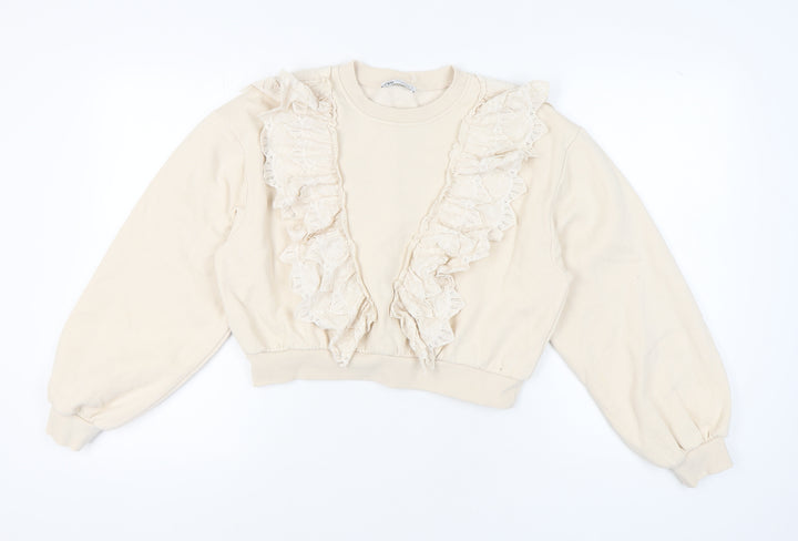 Zara Women's Beige Ruffle Pullover Sweatshirt Size 12