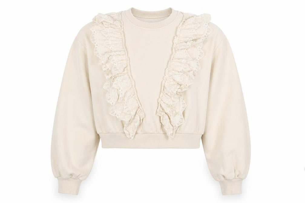 Front view of Zara Women's Beige Ruffle Pullover Sweatshirt, size 12
