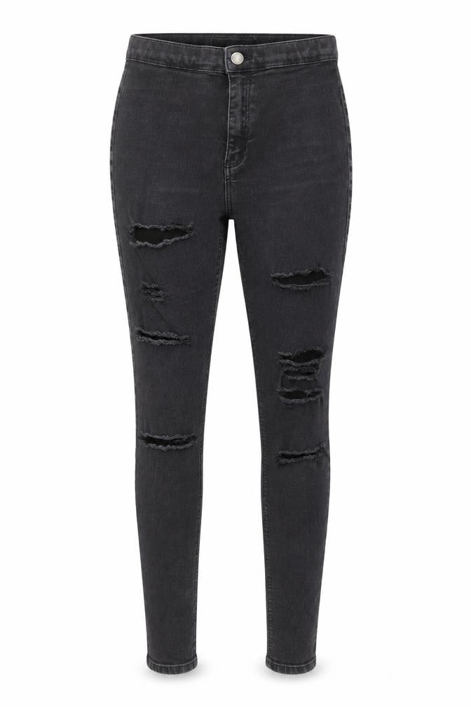 Front view of Topshop Women's Black Skinny Distressed Jeans, size 12