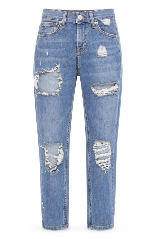 Front view of Topshop Women Blue High Rise Distressed Mom Jeans, size 6