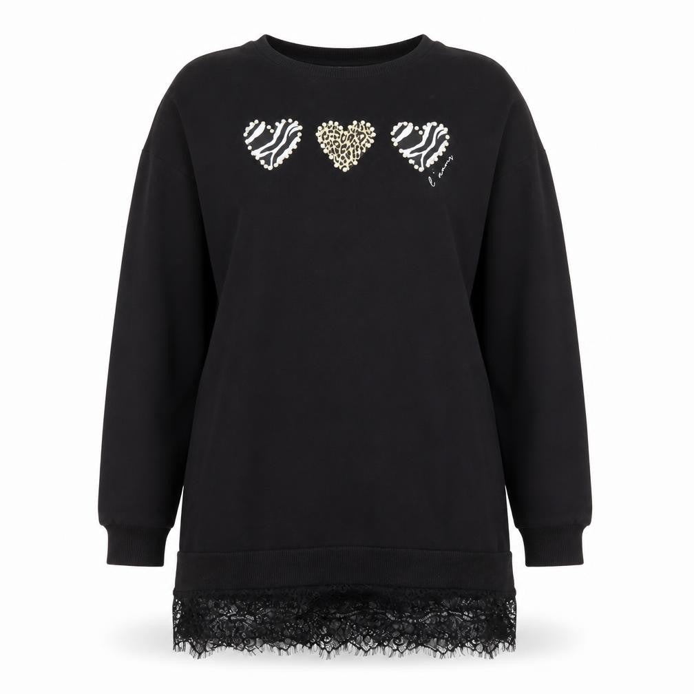 Front view of Lipsy Teens Black Pullover Sweatshirt with Lace Trim