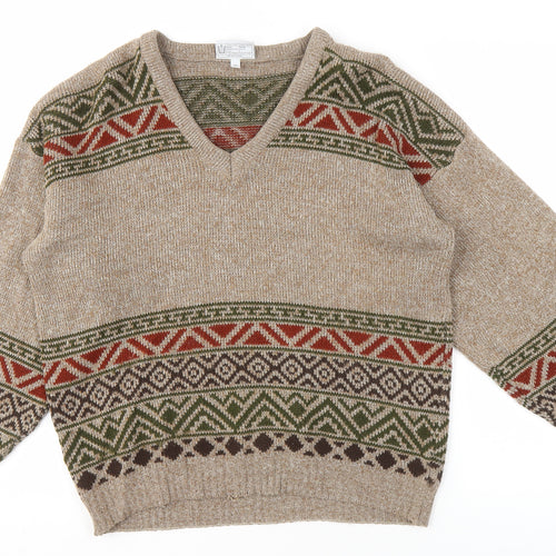 Greenwoods Men's Beige Geometric Pullover M V-Neck Jumper