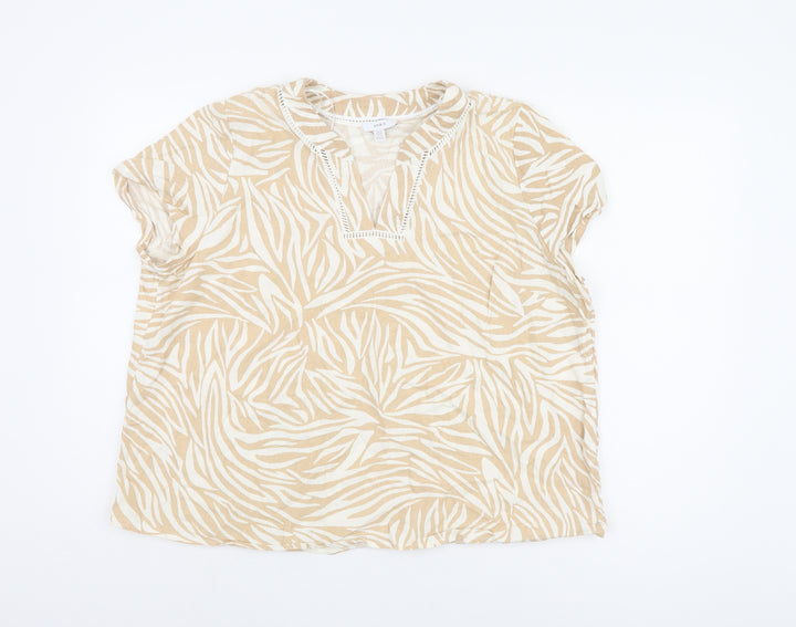 SPIRIT Women's Beige Animal Print Linen T-Shirt, Size 18