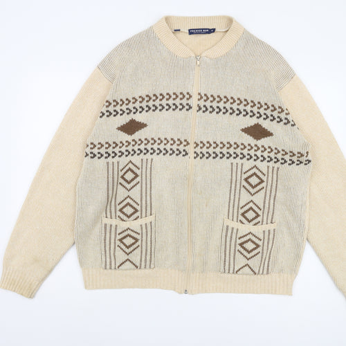 Premier Man XL Beige Full Zip Geometric Jumper