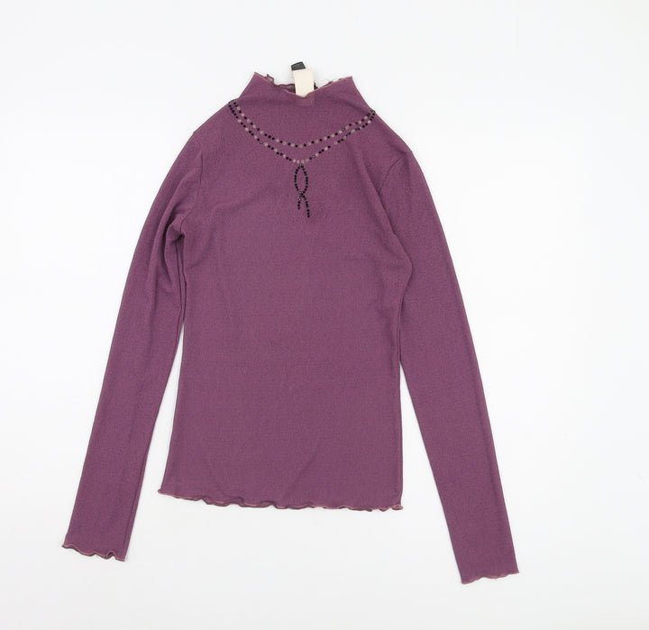 MNG Women's Purple Mock Neck Embroidered Blouse Size 10