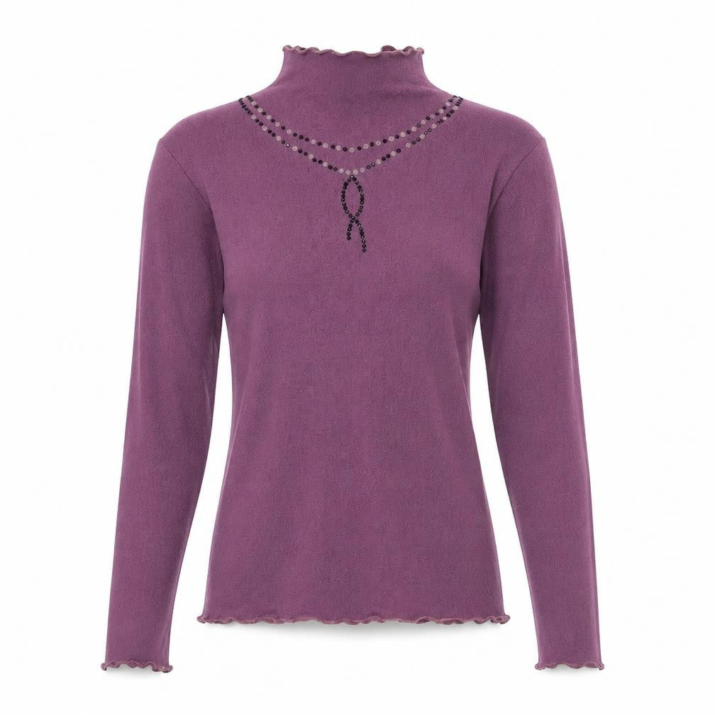 Front view of Mango Women's Purple Mock Neck Embroidered Blouse, size 10