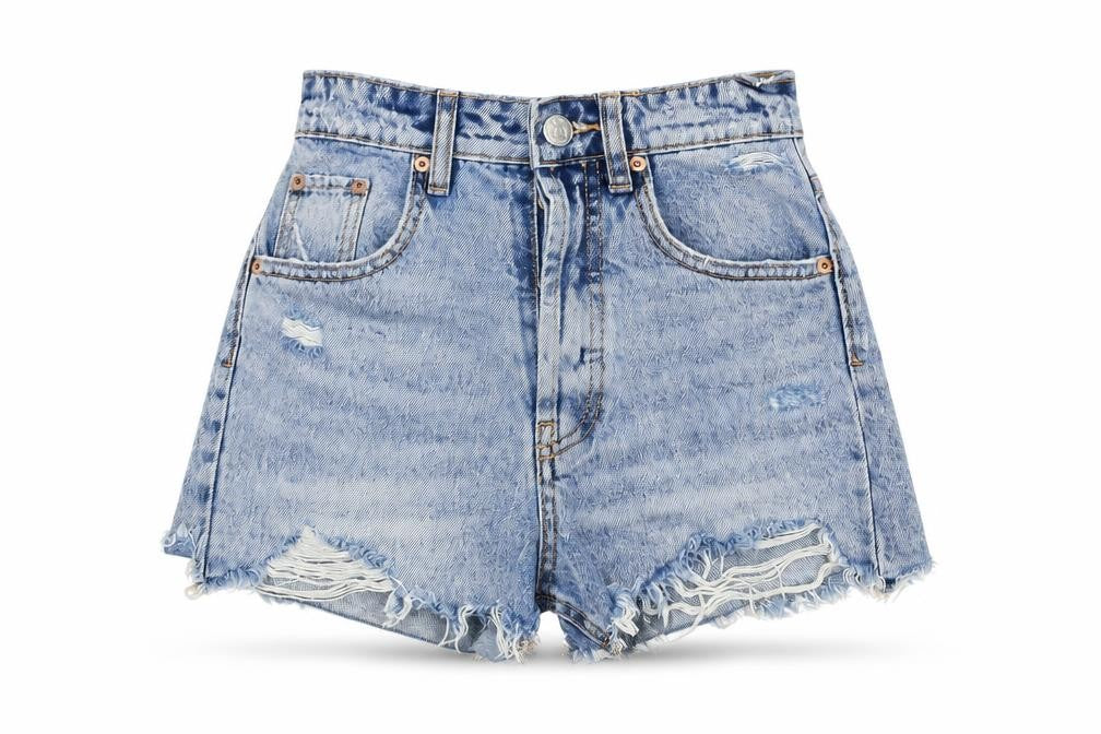 Front view of Zara Women's Blue Distressed Denim Cut-Off Shorts