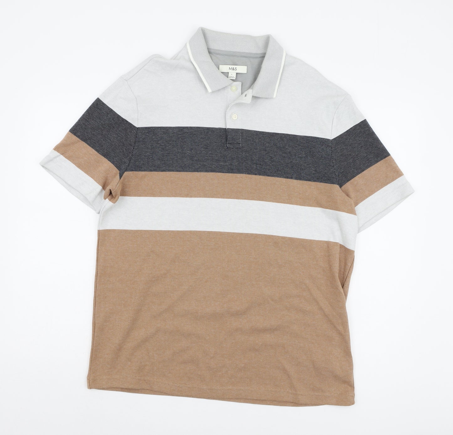 Marks and Spencer Men's Grey Striped Polo Shirt L