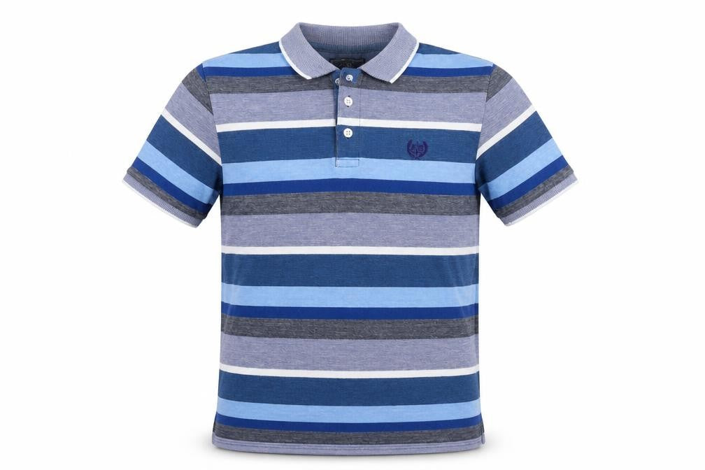 Front view of Atlantic Bay Men's Blue Striped Polo Shirt, size S