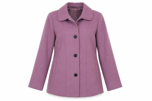 Front view of Damart Women's Purple Overcoat, size 14, - Classic & Stylish
