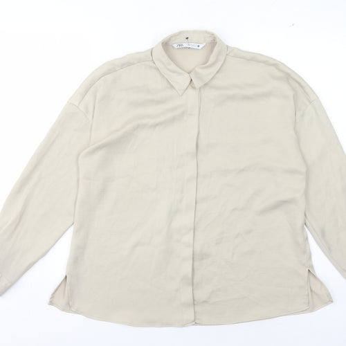 Zara Women's Beige Button-Up Shirt, Size S, Collared, Casual