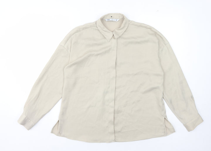 Zara Women's Beige Button-Up Shirt, Size S, Collared, Casual