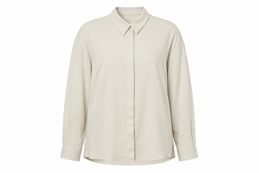 Front view of Zara Women's Beige Button-Up Shirt, size S, Collared, Casual