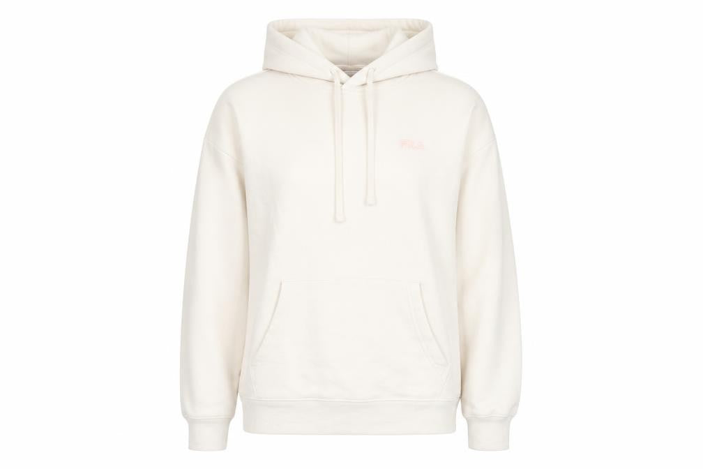 Front view of Fila unisex ivory pullover hoodie, size S, - comfy casual wear