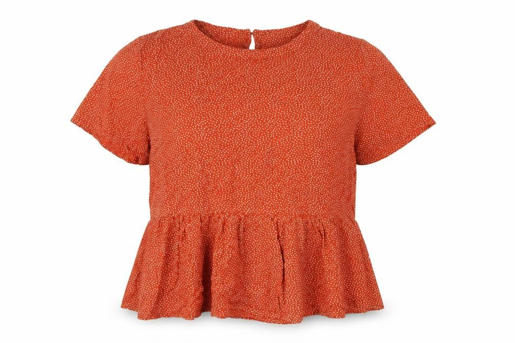 Front view of VILA Women's Red Polka Dot Blouse, size 10