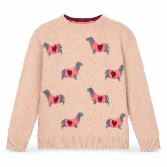 Front view of White Stuff girls’ pink animal print jumper 9-10 years