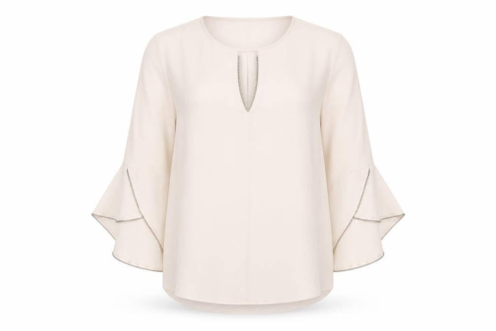 Front view of River Island Women's Beige Blouse, size 12, Flared Sleeves