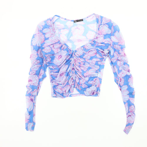 Zara Women’s Blue Floral Mesh Long Sleeve Blouse