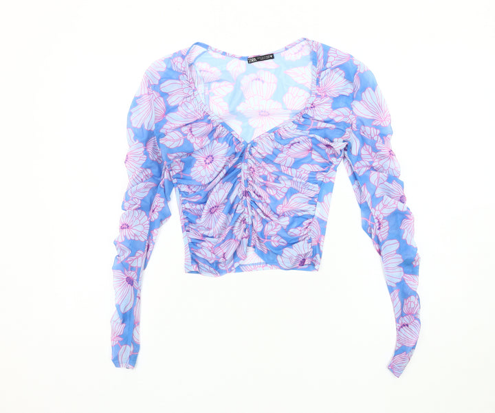 Zara Women’s Blue Floral Mesh Long Sleeve Blouse