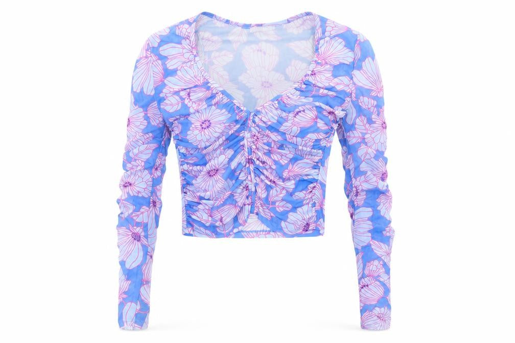 Front view of Zara Women’s Blue Floral Mesh Long Sleeve Blouse
