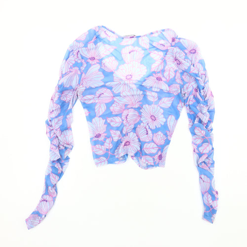 Zara Women’s Blue Floral Mesh Long Sleeve Blouse