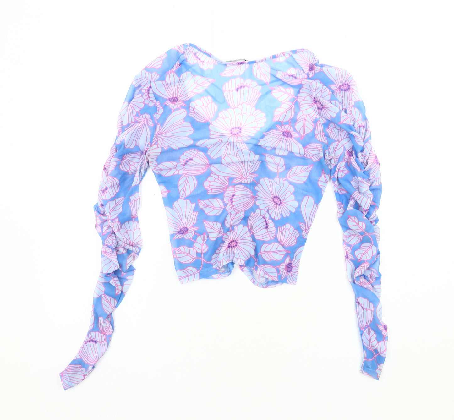 Zara Women’s Blue Floral Mesh Long Sleeve Blouse
